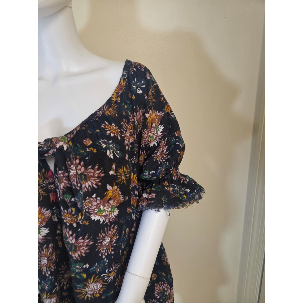 Natural Life Floral Cotton Mini Dress Black Boho Tie Front Fringe L/XL - Picture 6 of 10